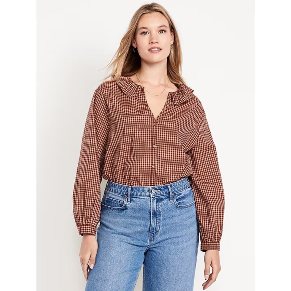 Old Navy Plaid Shirt M Brown Ruffle Collar Cotton Relaxed Fit NWOT Sold Out